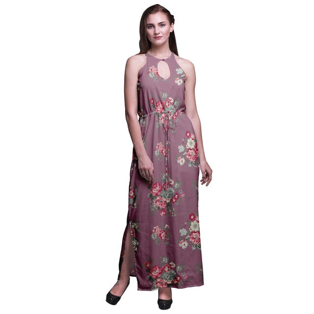Bimba Floral Ladies Crew Neck Waist String Print Maxi Dress with Side Slits Summer Wear-XX-Large