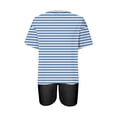 thumbnail image 3 of Mikilon Ensemble Élégant pour Femmes 2 Pcs Mode Décontractée Rayé Imprimé Col Rond Épaule Tombante Short Ensemble Deux Pièces Bleu-A S, 3 of 4