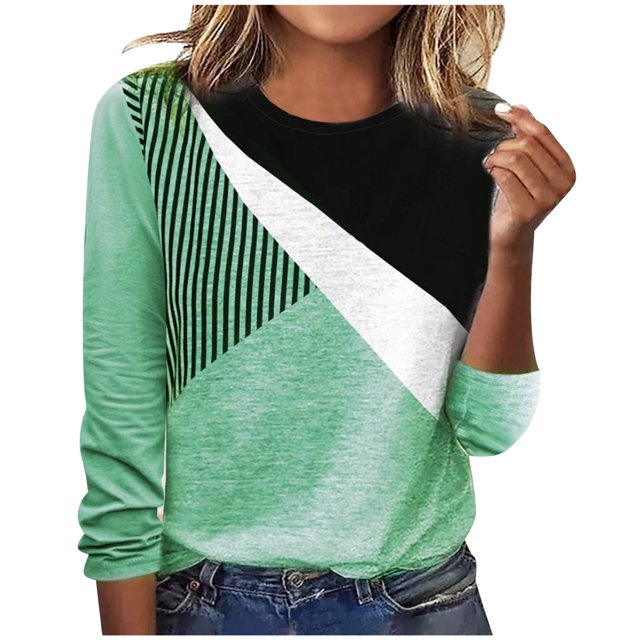 IROINID Liquidation Hauts Grande Taille pour Femmes Col Rond Contraste Couleur Manches Longues T-shirt Blouse, Vert