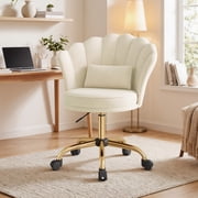 Hawsaiy Shell Back Home Office Chair with Lumbar Pillow, Modern Upholstered Desk Chair with Gold Metal Base, Swivel Adjustable Computer Chair for Home Office, Beige