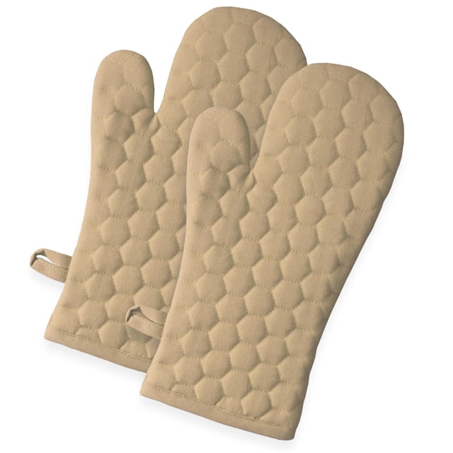 Fabstyles Fouta Cotton Oven Mitt Set of 2 in beige with hexagonal waffle quilted texture, sized 7 by 12 inches, designed for heat protection in kitchen tasks, featuring hanging loops for storage and suitable for safely handling hot cookware.