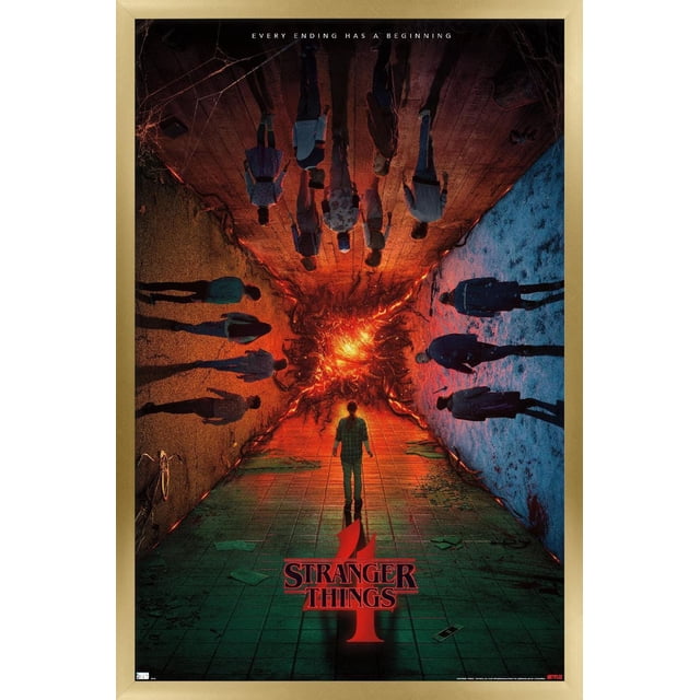 Netflix Stranger Things: Season 4 - Group Teaser One Sheet Wall Poster, 22.375" x 34", showing a front-facing corridor with characters standing on floor and ceiling around a glowing fiery portal. The poster features warm orange and cool blue lighting on textured walls, with the red 'Stranger Things 4' logo at the bottom and the tagline 'Every ending has a beginning' at the top. Printed on glossy paper, ideal for wall art and home décor.