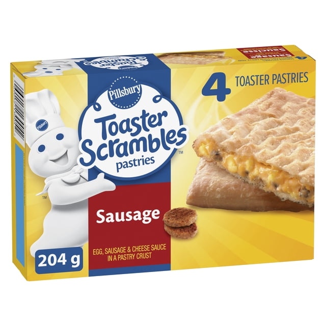 Pillsbury Toaster Scrambles Pastries, Egg, Sausage and Cheese Sauce, 4 frozen breakfast pastries in a yellow box featuring the Pillsbury Doughboy. The flaky golden toaster pastries have a filling of eggs, sausage, and cheese sauce. Weighing 204 grams, they offer a quick and convenient breakfast option with real ingredients and no artificial flavors.