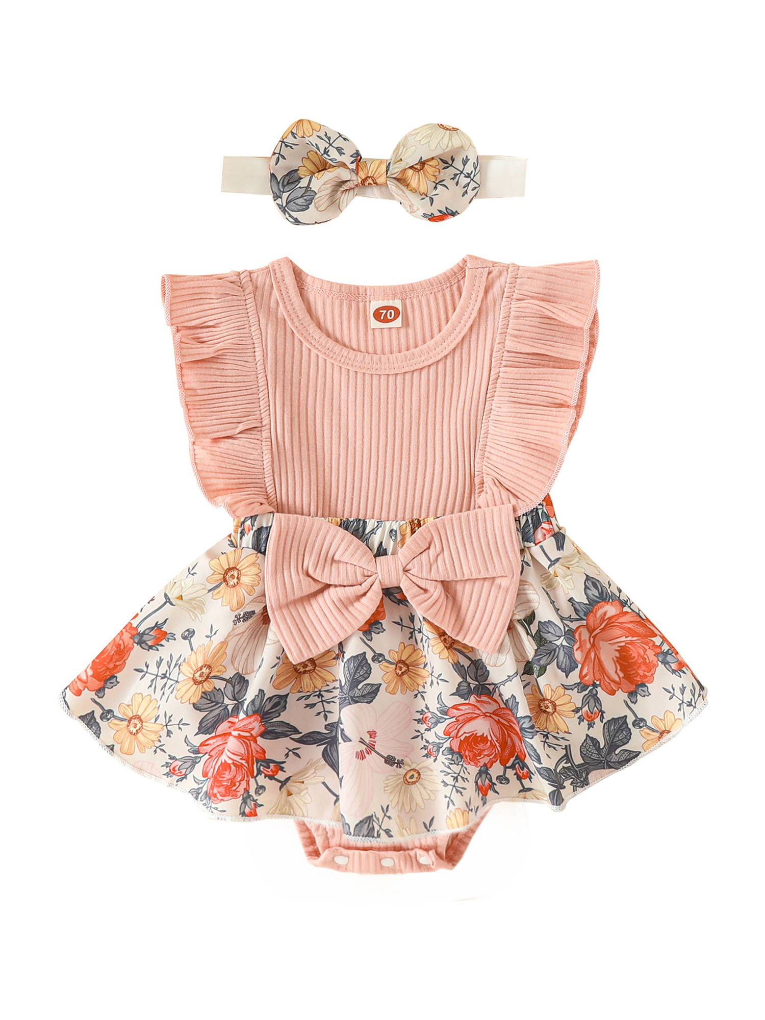 Kmbangi Bébé Filles 2Pcs Romper Ensemble, Manches Mouche Col Rond Bowknot Fleur Imprimer une Ligne Robe d'Été avec Bandeau pour 0-18M