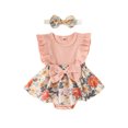 thumbnail image 1 of Kmbangi Bébé Filles 2Pcs Romper Ensemble, Manches Mouche Col Rond Bowknot Fleur Imprimer une Ligne Robe d'Été avec Bandeau pour 0-18M, 1 of 8