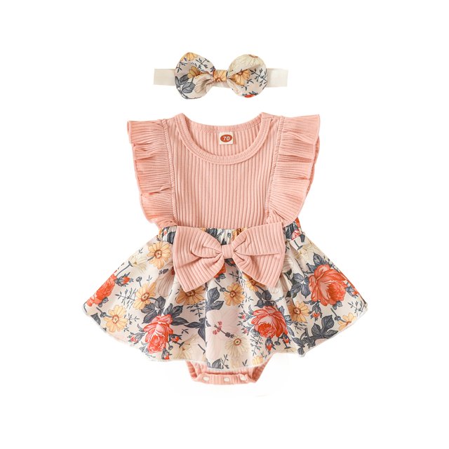 Kmbangi Bébé Filles 2Pcs Romper Ensemble, Manches Mouche Col Rond Bowknot Fleur Imprimer une Ligne Robe d'Été avec Bandeau pour 0-18M
