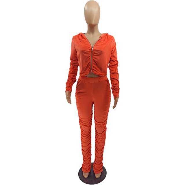 Honganda Slim Pleated Zipper Hooded Top and Pants Two-piece Suit