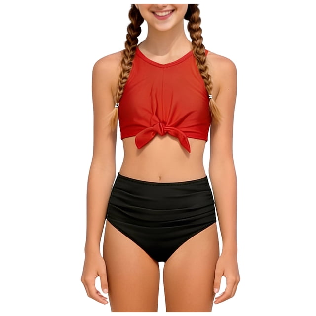 Gubotare Teen Tankini Swimsuits Bathing Suits for Girls Two Piece Swimsuit Beach Ruffle Halter Neck Girls Swimsuits Size 9-10 (Watermelon Red,9-10 Years)