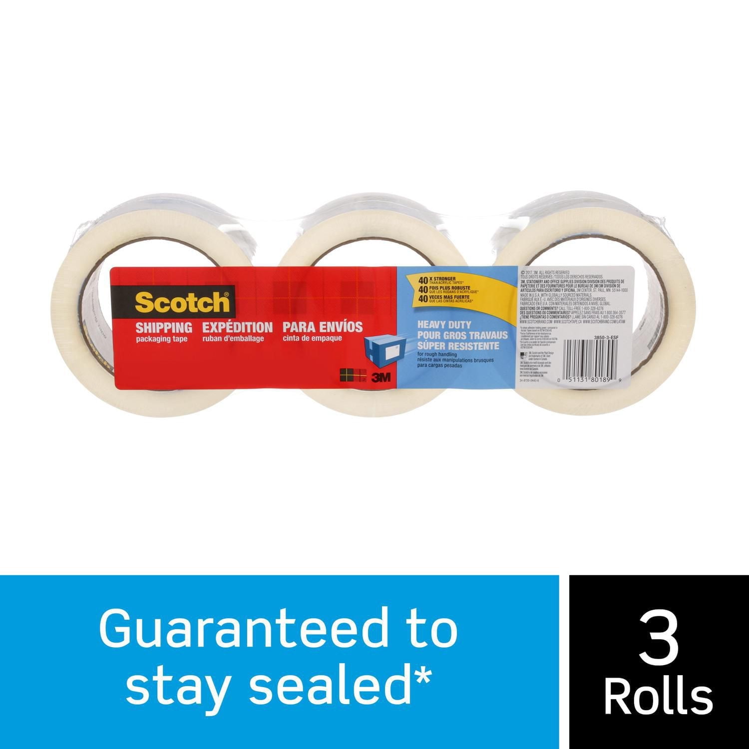 Ruban d’emballage et d’expédition de grand rendement 3850-3-ESF-RP4 Scotch®, 48 mm x 50 m (1,88 po x 54,60 v), 3 rouleaux/paquet