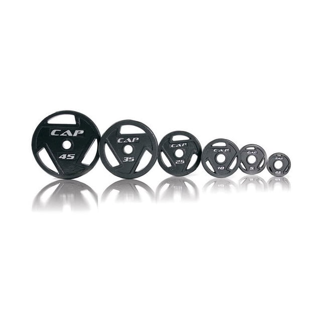 CAP Barbell 2-Inch Olympic Cast Iron Grip Weight Plate, Single, 45 lb, black cast iron plate with three large grip holes and silver poundage markings, designed for 2-inch Olympic bars and Smith machines, featuring a semi-gloss finish and rounded edges to protect floors, suitable for strength training.