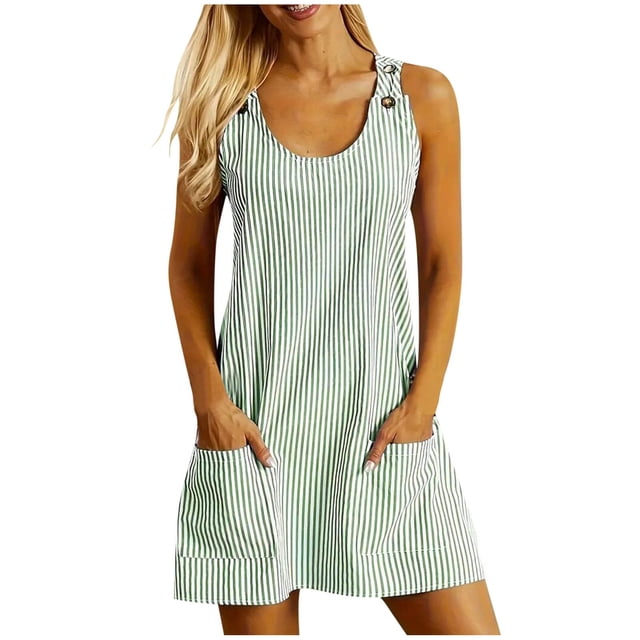 biudgviw Robe Débardeur pour Femme Sans Manches à Encolure Dégagée à Boutons à Bretelles Robe Tunique Mini à Rayures Robe Courte Décontractée d'Été