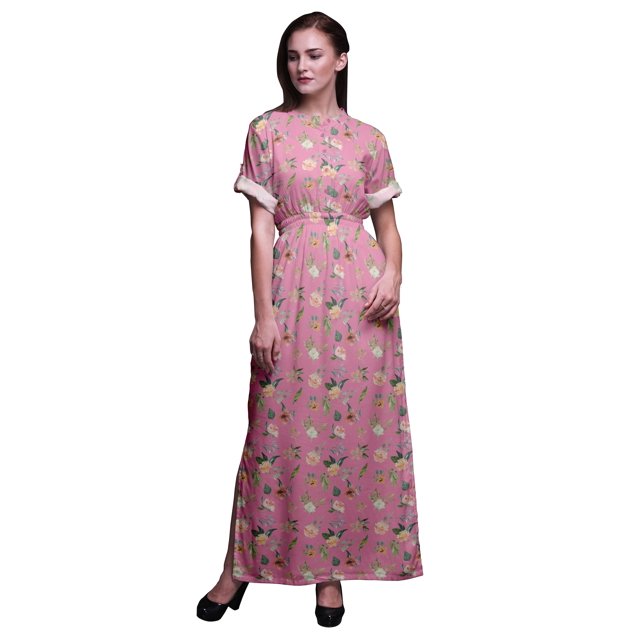 Bimba Robe Longue en Rayonne Kobus Mangolia & Rose Aquarelle pour Femmes Boho Plage Cocktail Fête Maxi Robe Fendue-Très Petite