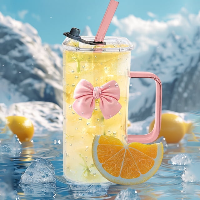 Chmadoxn Cups Transparent Square Glass Cup With Knot Handle And Straw For Coffee And Milk, 400ml capacity. The image shows a transparent square glass cup with a pink knot handle and matching pink straw. The cup is filled with a yellow beverage, ice cubes, and garnished with a slice of orange. A pink bow decorates the front of the cup. The setting features a snowy mountain backdrop with reflective water and scattered ice cubes, creating a refreshing and elegant presentation.