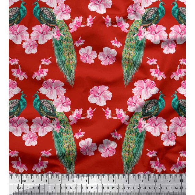 Soimoi Polyester Crepe Fabric Floral & Peacock Bird Fabric Prints by Yard 42 Inch Wide