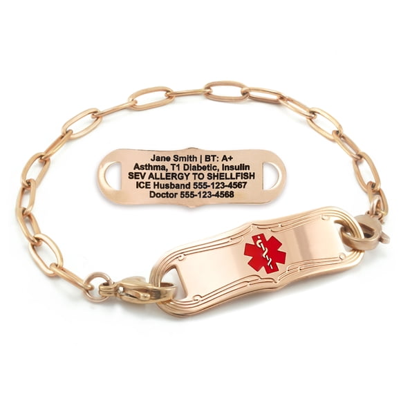 MedicEngraved Rose Gold Stainless Steel Custom Medical Alert Bracelet - 4mm Paperclip Link