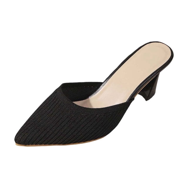 Xfvqtps Womens Mule Heels Slide Pointed Toe Knit Breathable Comfortable Mid Heel Casual Sandals