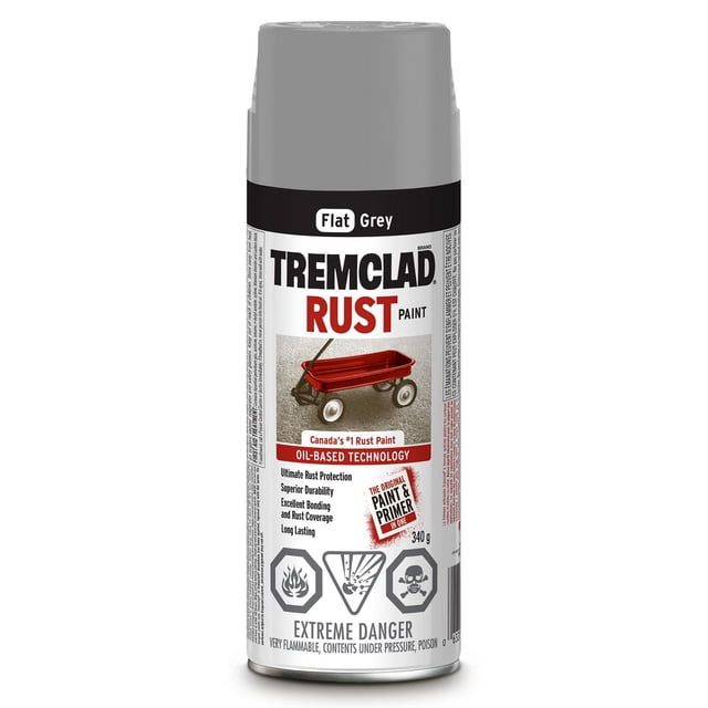 Tremclad Flat Grey Rust Paint spray can with oil-based technology for rust spray paint, providing superior rust protection and durability on metal surfaces, featuring any-angle spray and a grey cap with safety warnings.