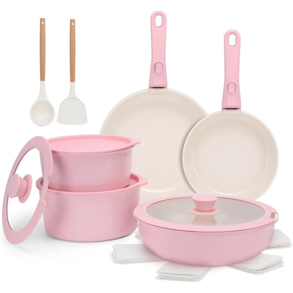 17 Piece Ceramic Pots and Pans Set Non Stick, Cookware Set with Detachable Handle, Dishwasher/Oven Safe, Induction Ready, Stackable RV Kitchen Cooking Set Removable Handles Pots Protectors, Pink