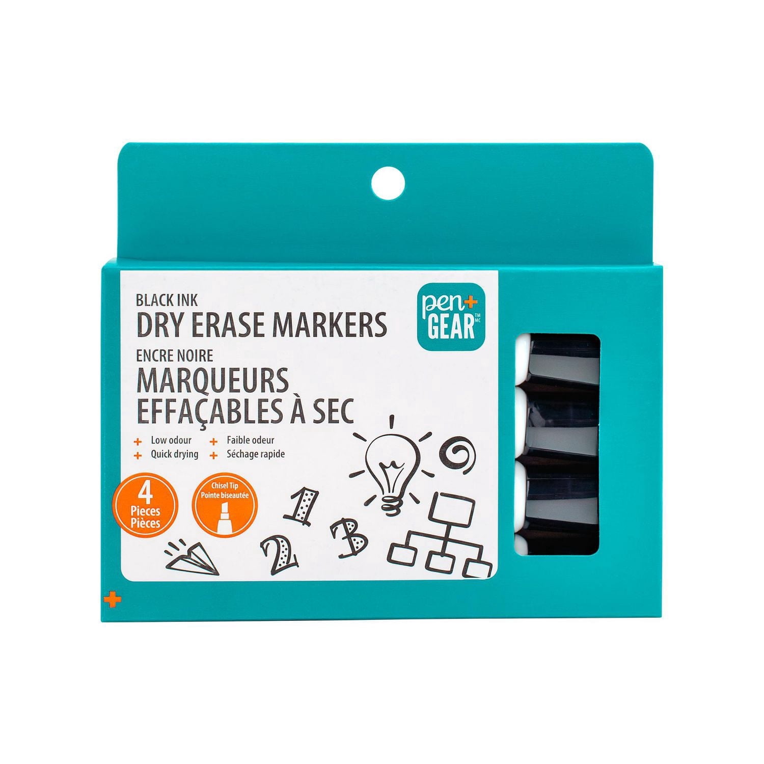Marqueurs effaçables à sec Pen+Gear, pointe biseautée, encre noire, 4 unités