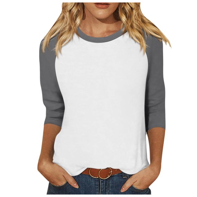 TSADFHJI Hauts d'Hiver pour Femmes 2024 Haut à Manches 3/4 d'Été Décontracté Polyvalent Raglan Col Rond Chemise Décontractée TTG Gris