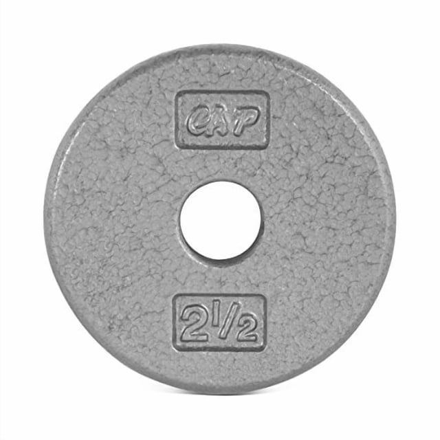CAP Barbell Standard 1-Inch Cast Iron Weight Plate, 2.5 lb, Single, Grey, front view of a round cast iron weight plate with a 1-inch center hole, textured grey baked enamel finish, embossed CAP logo and '2 1/2' weight marking, designed for standard 1-inch bars in strength training and suitable for customizable home gym weight sets.