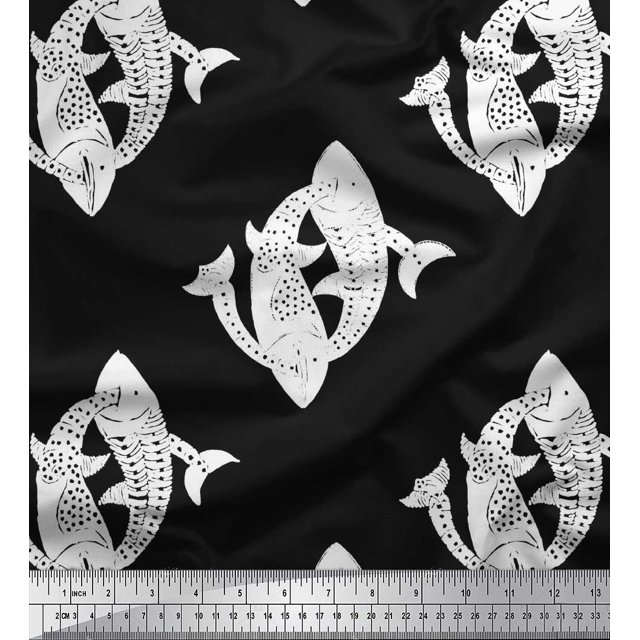 Soimoi Satin Silk Fabric Fish Block Fabric Prints by Yard 42 Inch Wide