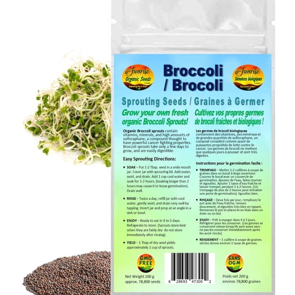 Broccoli Sprouting Seeds | Brocoli Graines à Germer | Organic & Non-GMO | Net Wt. 200 Grams (Approx. 78,800 Seeds) | High Germina
