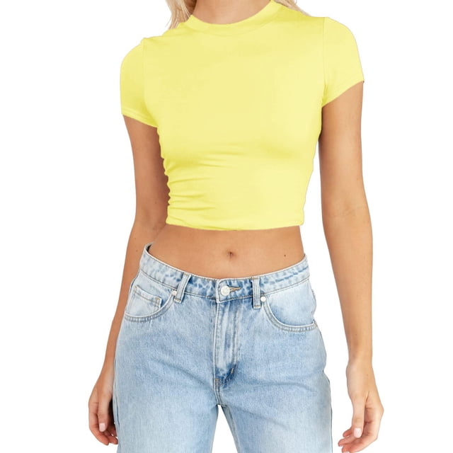 JIRNDf Hauts pour Femmes T-Shirts d'Été Tendance Mode Manches Courtes Mignon Court Basique Col Rond Coupe Ajustée Blouse pour Femmes Tunique Décontractée Hauts Jaune P