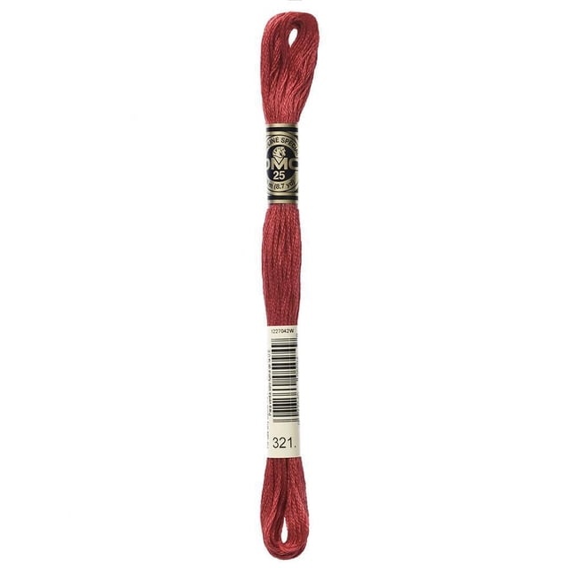 DMC Red Cotton 6 Strand Floss 8m skein in deep red, made from 100% long staple Egyptian cotton with double mercerized sheen, featuring two paper labels with DMC branding and product number 321, ideal for embroidery, cross-stitch, needlepoint, and scrapbooking.