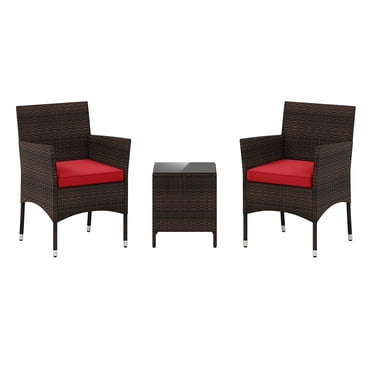 Gymax 3PCS Outdoor Rattan Conversation Set Patio Furniture Set w/ Red Cushions
