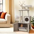 thumbnail image 3 of LEDREM 59-Inch 2-in-1 Cat Tree, Litter Box Enclosure, Modern Cat Tower with Scratching Posts, Removable Pompoms, Space-Saving Design, Greige, 3 of 7