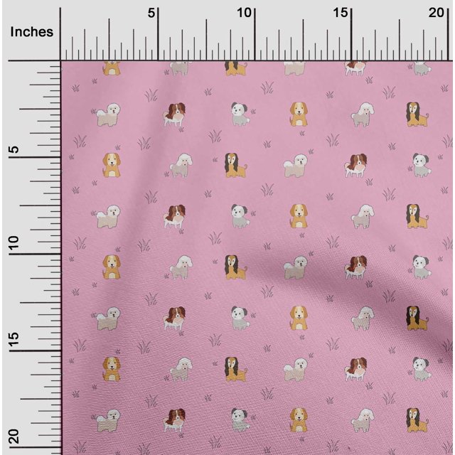 oneOone Polyester Lycra Fabric Grass & Puppies Dog Printed Fabric 1 Yard 56 Inch Wide