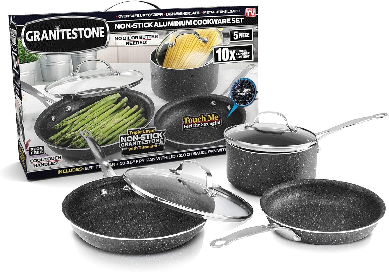 Granitestone PRO Series Hard Anodized Aluminum Ultra-Nonstick Ti-Ceramic Coating 5 Piece Cookware Set, Dishwasher Safe, Oven Safe