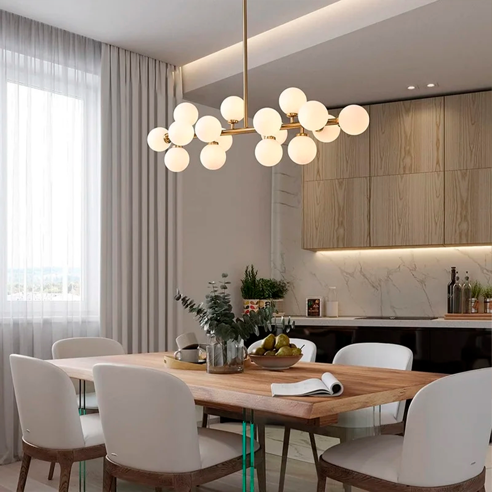Heavenly Collections | Lustre Linéaire Moderne Multi-Lumières (16 lumières) - Suspension Or Brossé Style Mid-Century - Plafonnier Contemporain avec Sphères en Verre Opale