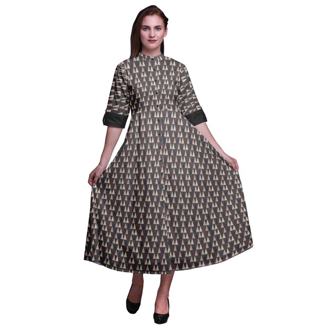 Bimba Geometric Button Down Dress Print Mandarin Collar Roll Up Sleeves Shirt Dress-X-Small