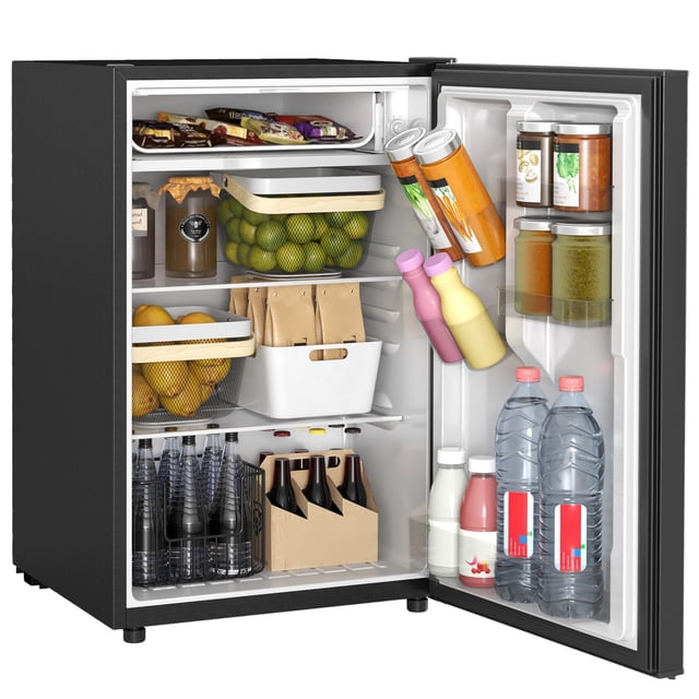 HOMCOM 4.5 Cu Ft Mini Fridge with Freezer, Wheels, Refrigerator, Black front-facing compact black mini fridge with top freezer and 4.5 cu.ft cooler, removable glass shelves, door-mounted bottle and can storage, reversible hinge and concealed handle, caster wheels and adjustable foot pad for leveling, metal and plastic finish, ideal for dorms, offices or bedrooms and often used to keep snacks and beverages organized.