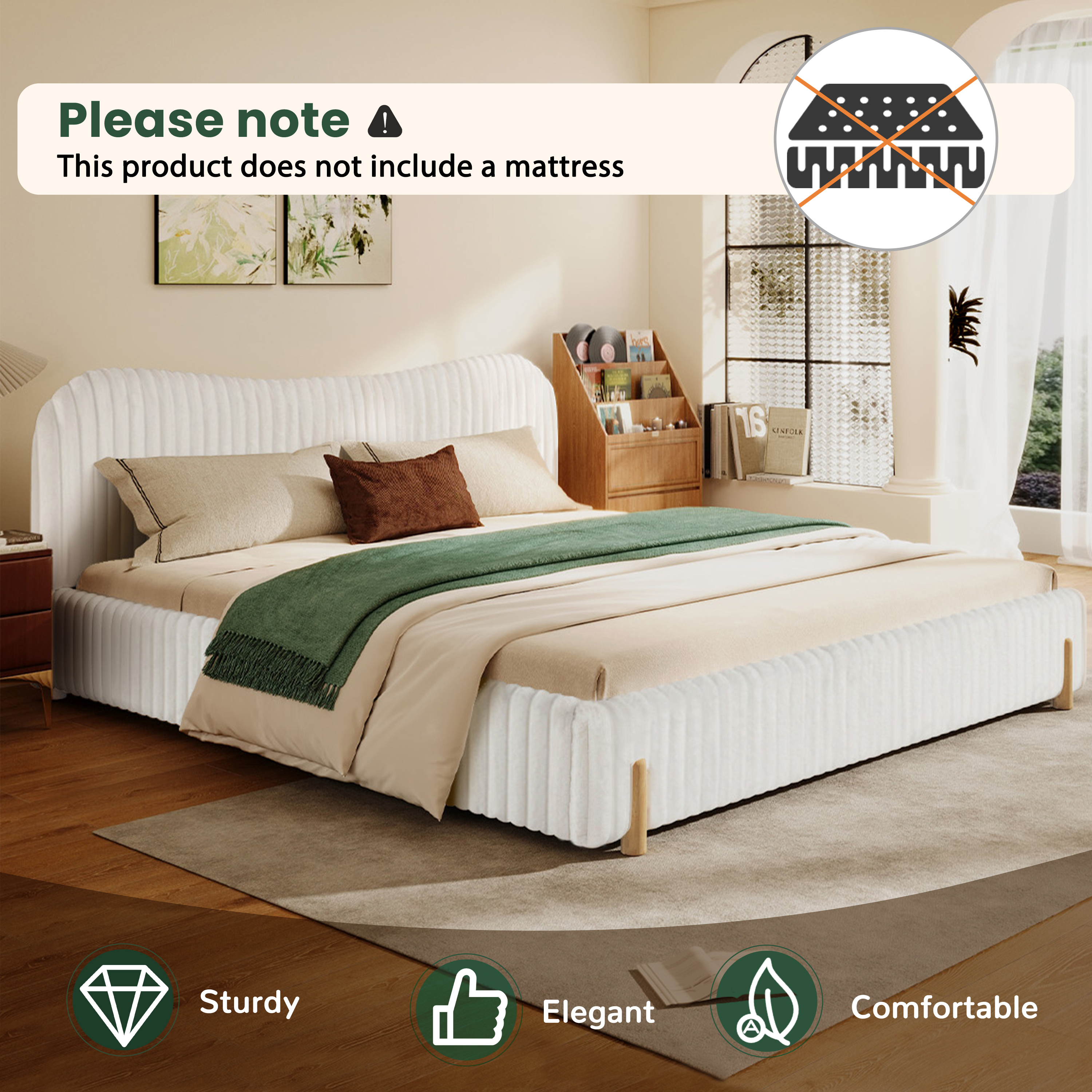 Homy Casa King Platform Bed Frame with Curved Plush Upholstered Headboard, Wood Slats, White