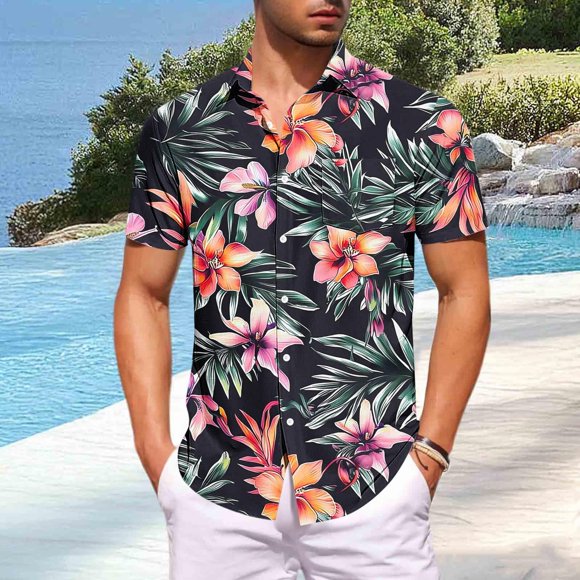 DIOAZUD Hawaiian Button Down Shirts for Men Lapel Short Sleeve Floral Print Shirt Casual Loose Fit Beach T-Shirts