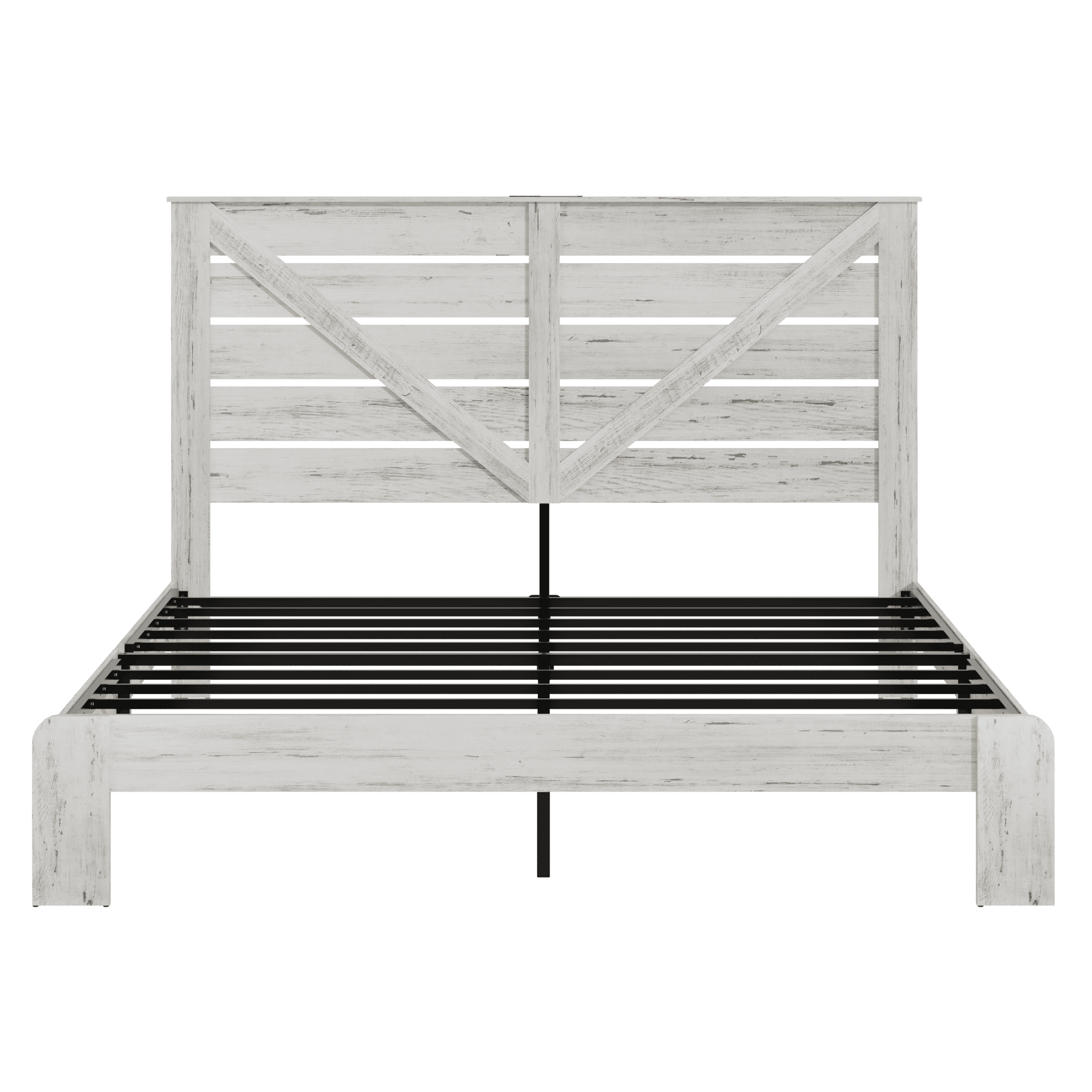 Noble House Queen Wood Platform Bed,Underbed Storage & Charging Station with White Headboard Light,Metal Base,White