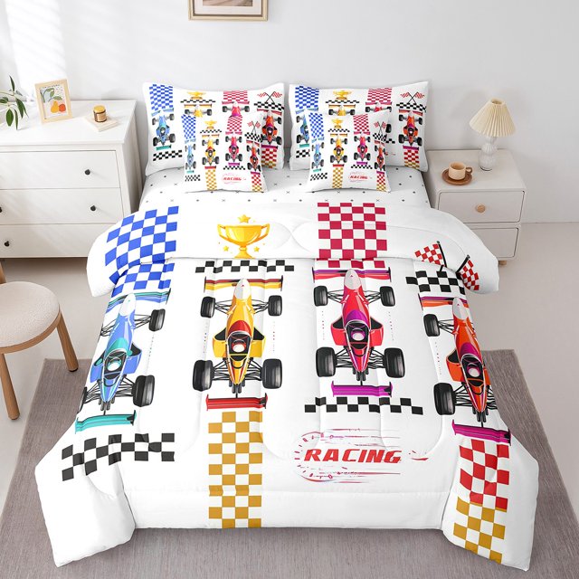 Go Kart Comforter Set 7 Piece Bed in a Bag Twin,Karting Race Cars,Racing Drift Kart Bedding Sets Extreme Sport Sheet Set with Comforter Competitive Game Room Decor
