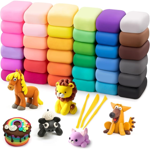Fuebueo Model Magic Clay 36 Colors Magic Air Dry Ultra Light Clay set, featuring 36 vibrant clay blocks stacked in a gradient of colors. Includes three yellow sculpting tools and various clay creations such as a horse, lion, dog, cake, sheep, and pig. Ideal for children’s pottery, modeling, and art projects. Safe, non-toxic, and air-drying within 24-48 hours.