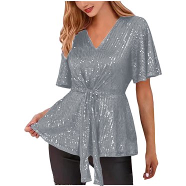 GigrtiJin Hauts à Paillettes pour Femmes Manches Courtes Scintillants Hauts Habillés Blouse Portefeuille Chemise de Fête Boîte de Nuit Col en V Hauts Hauts de Vacances