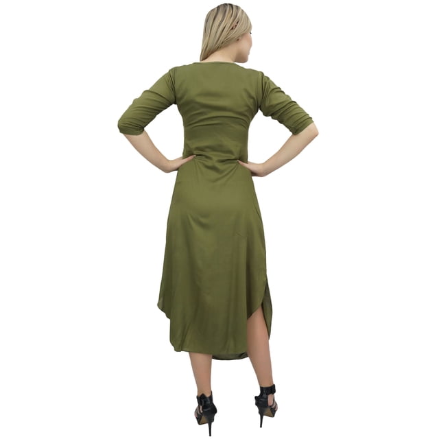 Bimba Robe Maxi à Drapé pour Femme Vert Olive avec Foulard à Pompons Imprimé-6