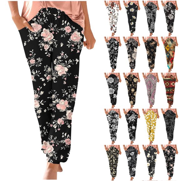Boho Pants for Women Horkkom Casual High Waisted Floral Pants Comfy Yoga Boho Pants with Pockets, Gifts for Women S