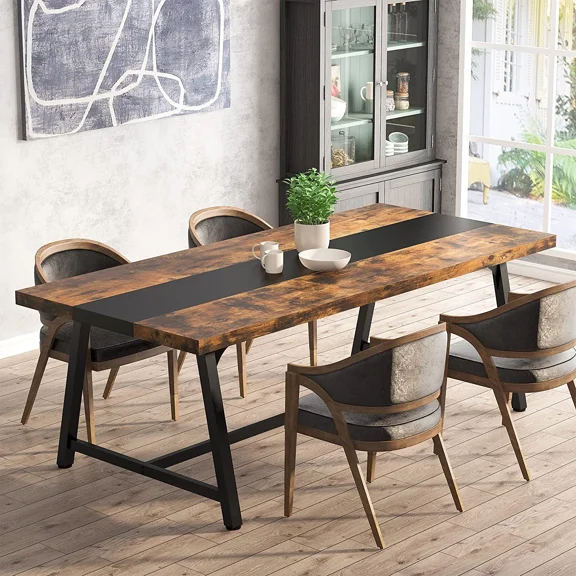 Tribesigns Dining Table for 8 People, Rectangular 70.9 inch Wood Kitchen Table with Metal Frame, Rustic Brown
