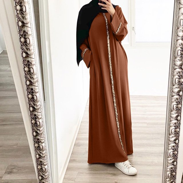 Robes Grande Taille Couleur Unie Manches Longues Bouffantes Col Rond Maxi Musulmane Décontractée Robe Soleil Marron m