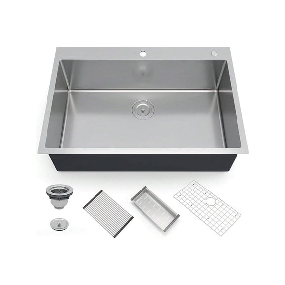 Bingirl 30/33 Inch Undermount Single - Bowl 16 Gauge Stainless Steel Kitchen Sink with Integrated Ledge and 5 - Piece Accessories Set, Workstation Sink
