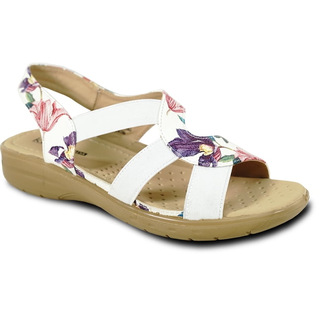 kozi Sandale Compensée Décontractée Confortable pour Femme, Mocassin à Enfiler OY3132 avec Bande Élastique et Bout Rond Ouvert, Fleur, Taille 9