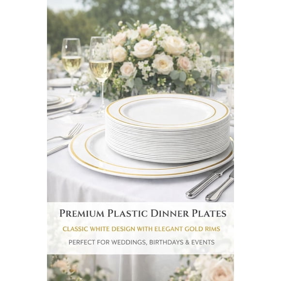 25-Pack Premium Plastic Dinner Plates with Gold Rim, 26cm (10") Heavyweight Disposable Party Plates for Weddings, Birthdays & Events