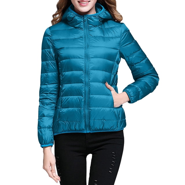 Packable down Jacket, Lightweight Hooded Puffer, White Duck down Coat Blue L , Coat